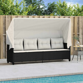 vidaXL Ligbed met luifel en kussens poly rattan zwart