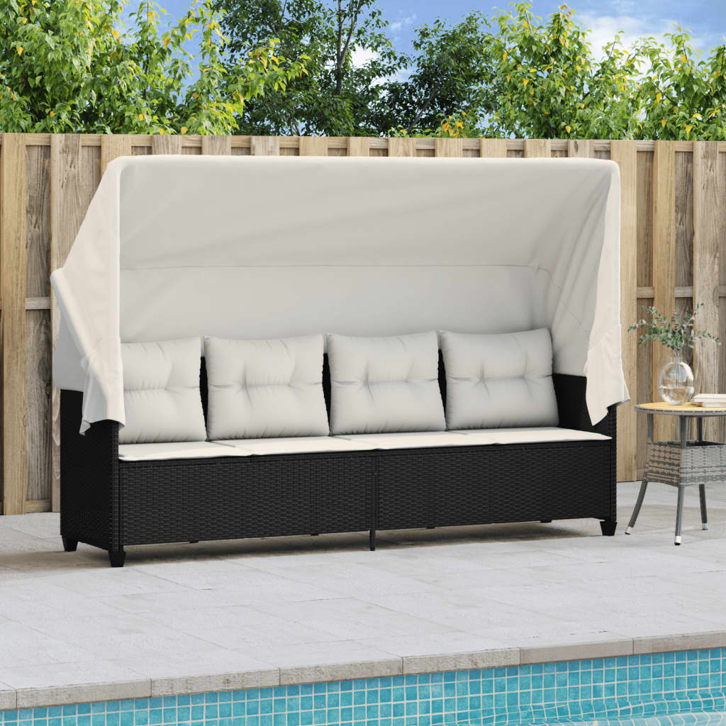 vidaXL Ligbed met luifel en kussens poly rattan zwart