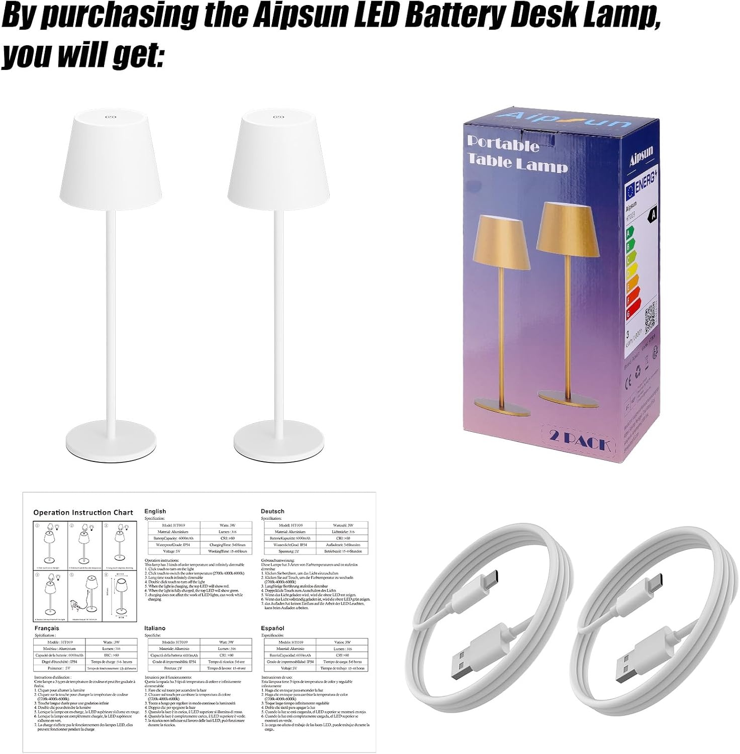 2x Draadloze Tafellamp Wit 6200mAh 3 Kleuren IP54 - 34% Korting