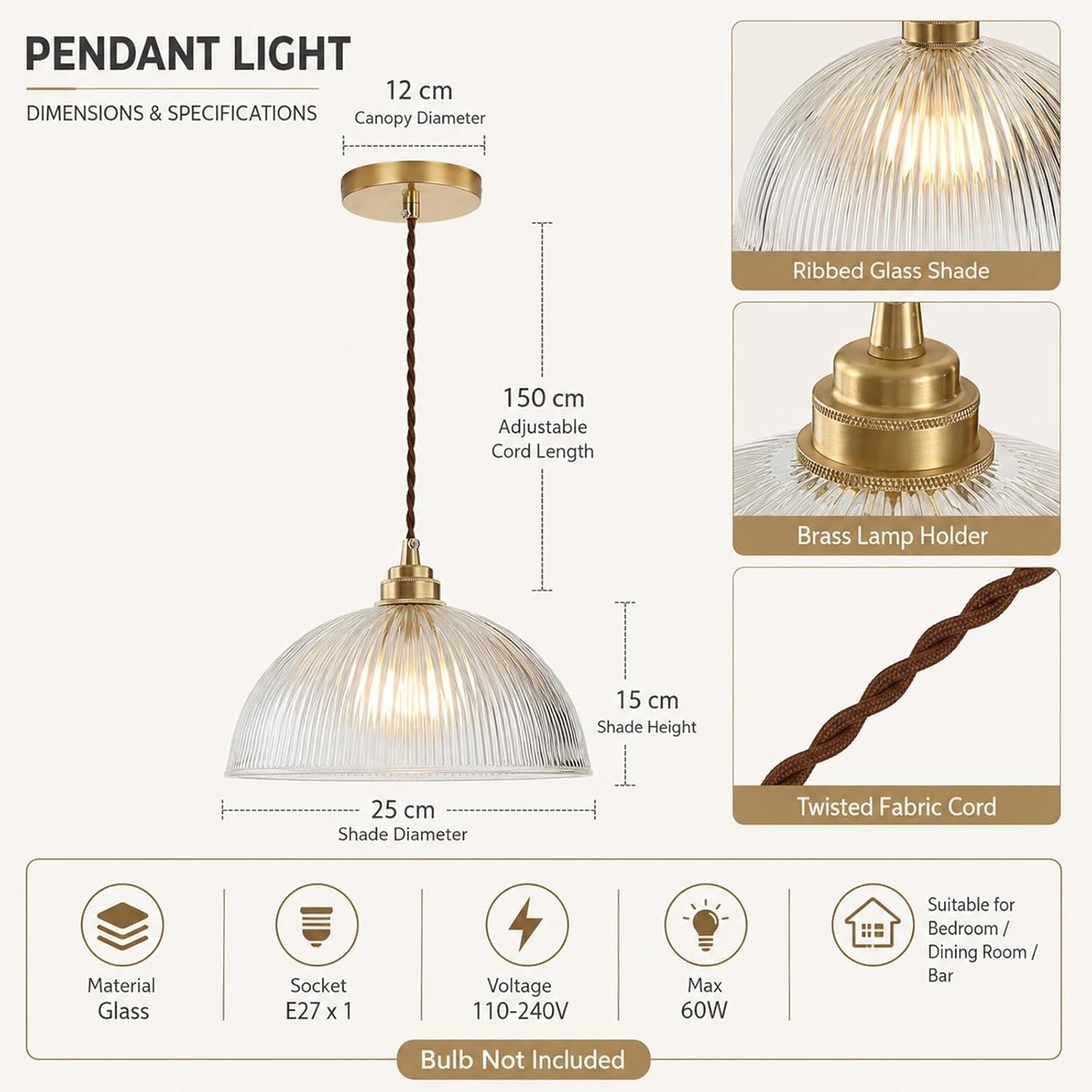 Industriële Hanglamp Koper & Gestreept Glas 25cm - 34% Korting