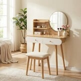 Kaptafel met Ronde Spiegel en 2 Lades - Hout & Wit - 34% Korting