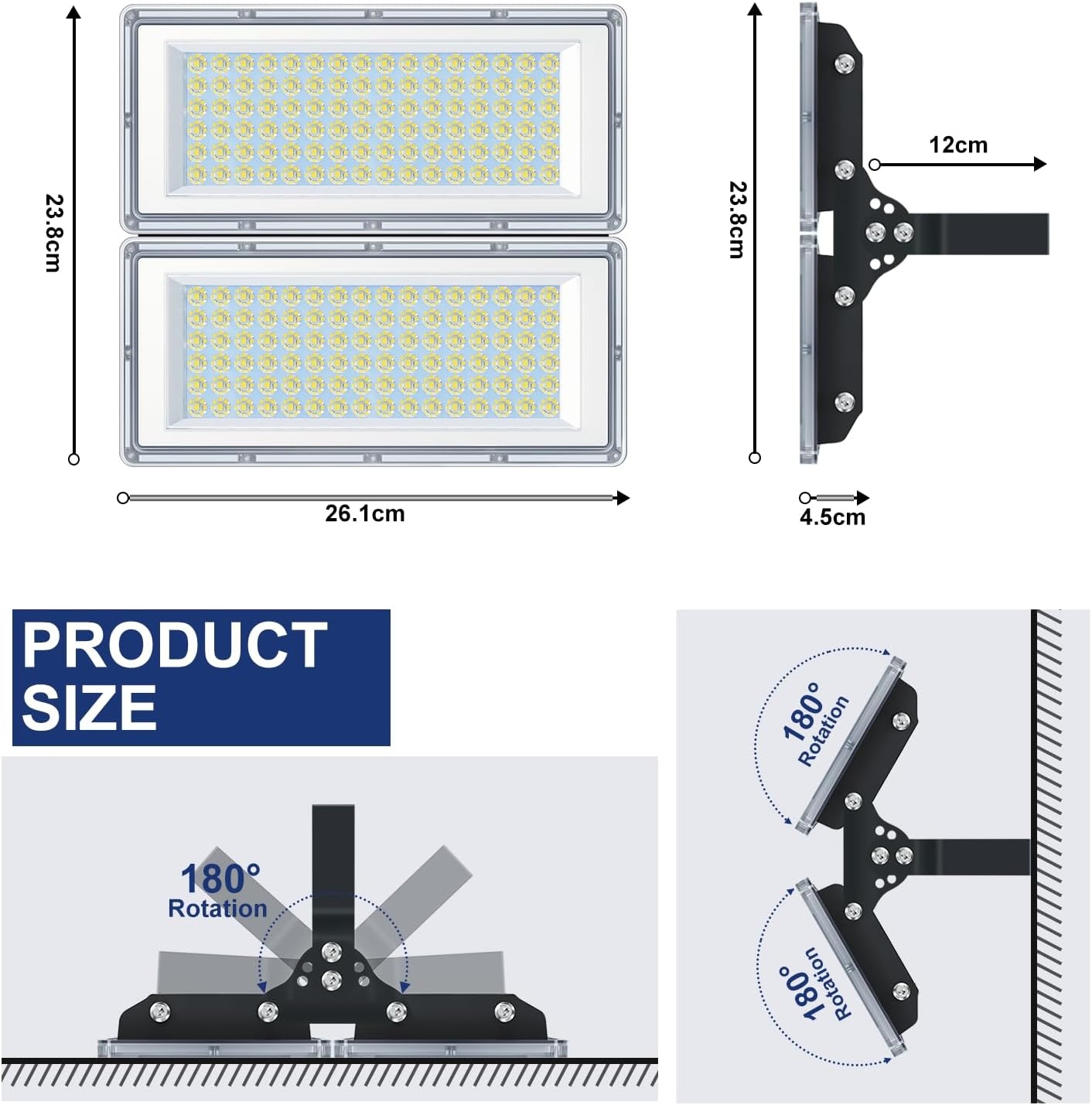 Led-schijnwerper voor buiten, 200 W, 2 stuks, 20.000 lm, 7000 K, IP67 waterdicht, 85-265 V, buitenverlichting voor tuin, terras, garage, fabriek - Maat 200W-2PC