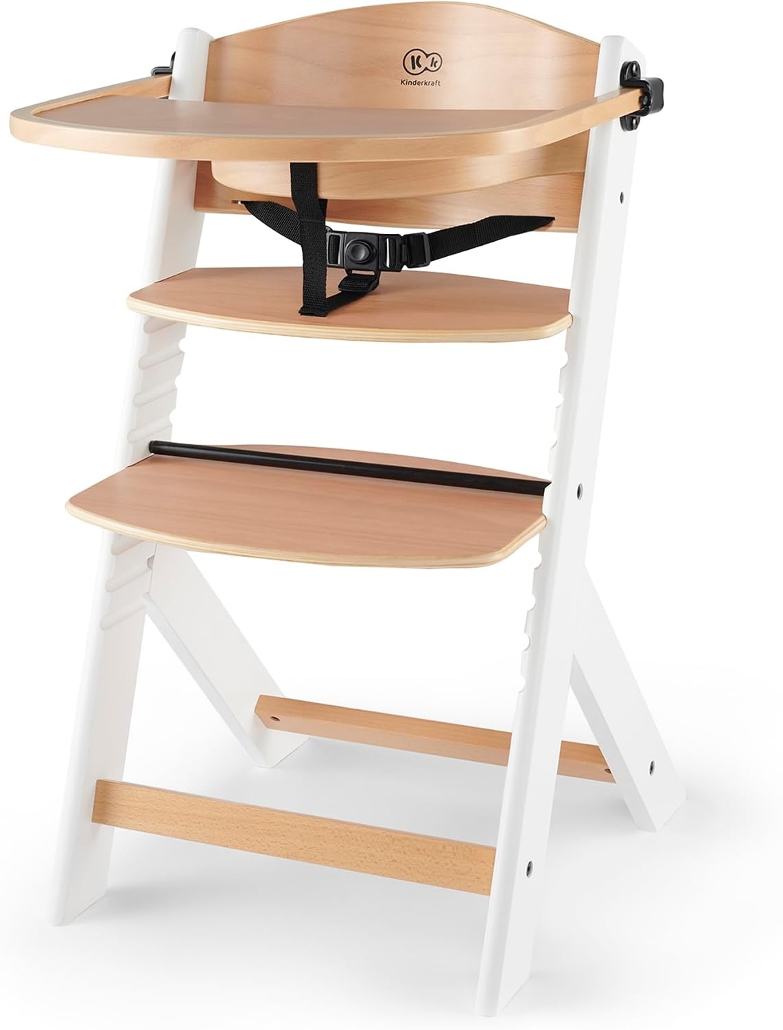 Kinderkraft Houten Kinderstoel 3-in-1 ENOCK, Hoge babystoel, hoogte verstelbaar in 5 niveaus, 3-punts gordels, tot 10 jaar, wit