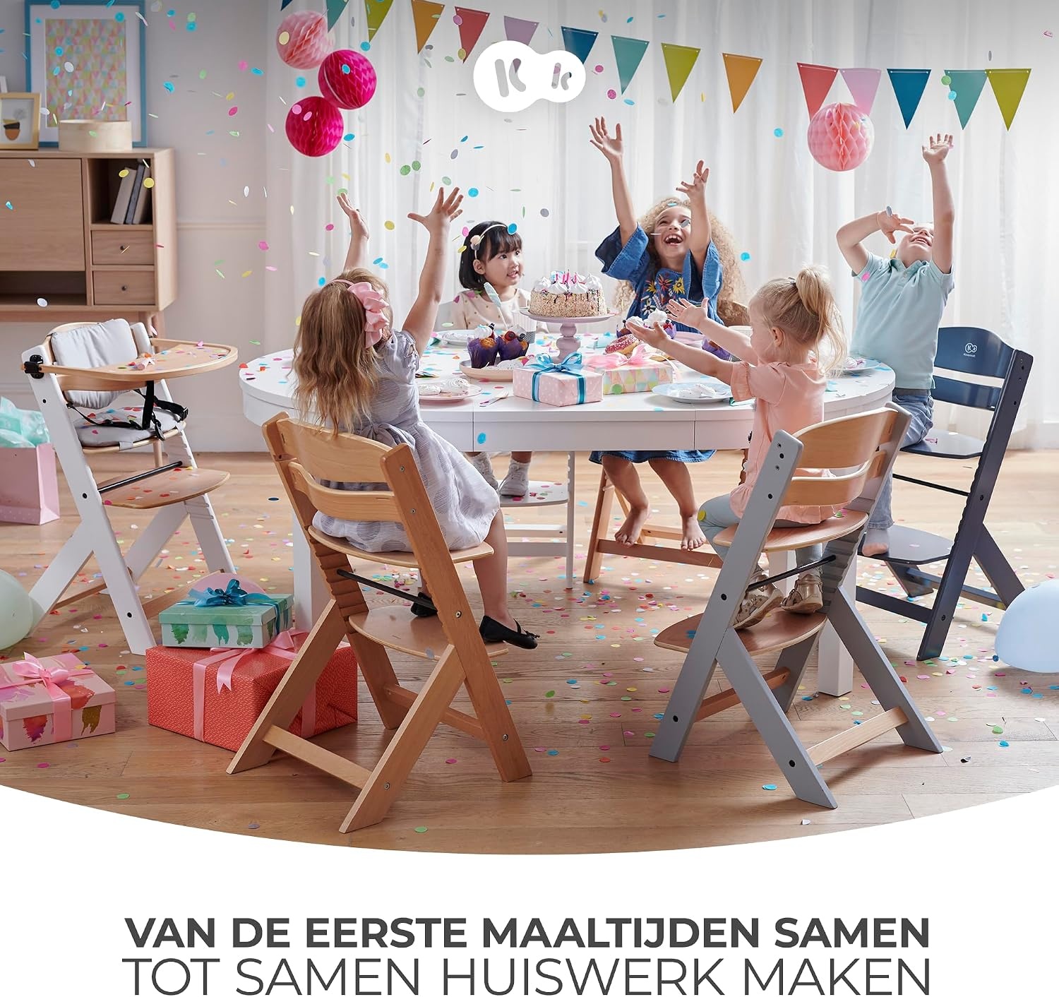 Kinderkraft Houten Kinderstoel 3-in-1 ENOCK, Hoge babystoel, hoogte verstelbaar in 5 niveaus, 3-punts gordels, tot 10 jaar, wit