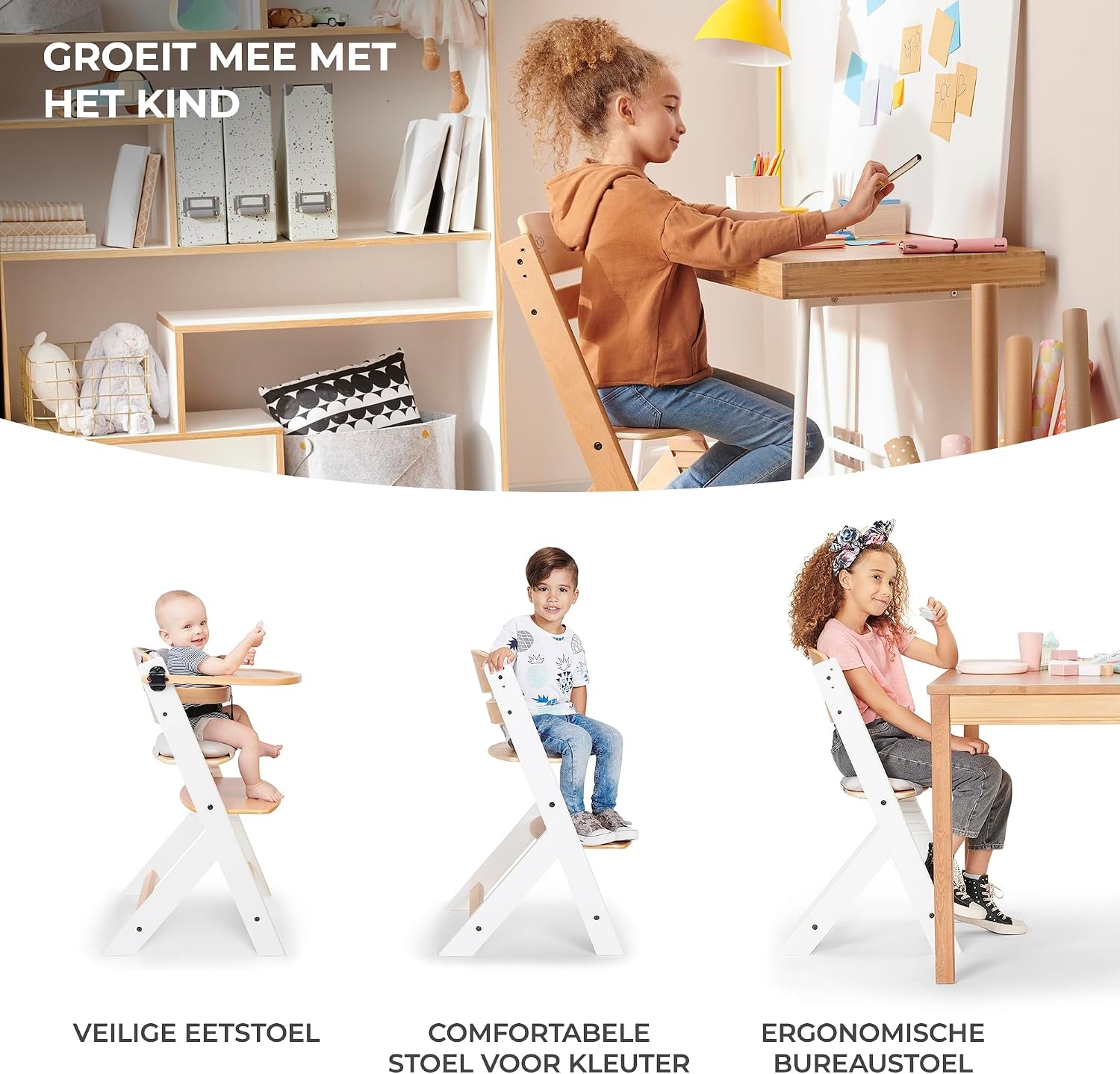 Kinderkraft Houten Kinderstoel 3-in-1 ENOCK, Hoge babystoel, hoogte verstelbaar in 5 niveaus, 3-punts gordels, tot 10 jaar, wit
