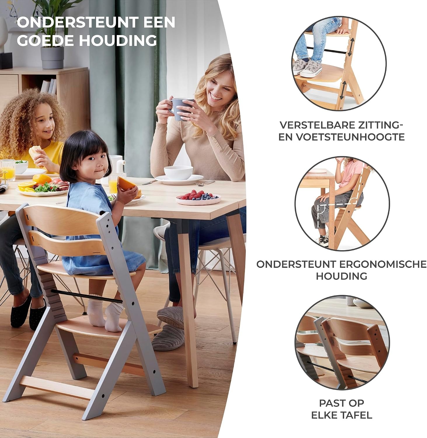 Kinderkraft Houten Kinderstoel 3-in-1 ENOCK, Hoge babystoel, hoogte verstelbaar in 5 niveaus, 3-punts gordels, tot 10 jaar, wit