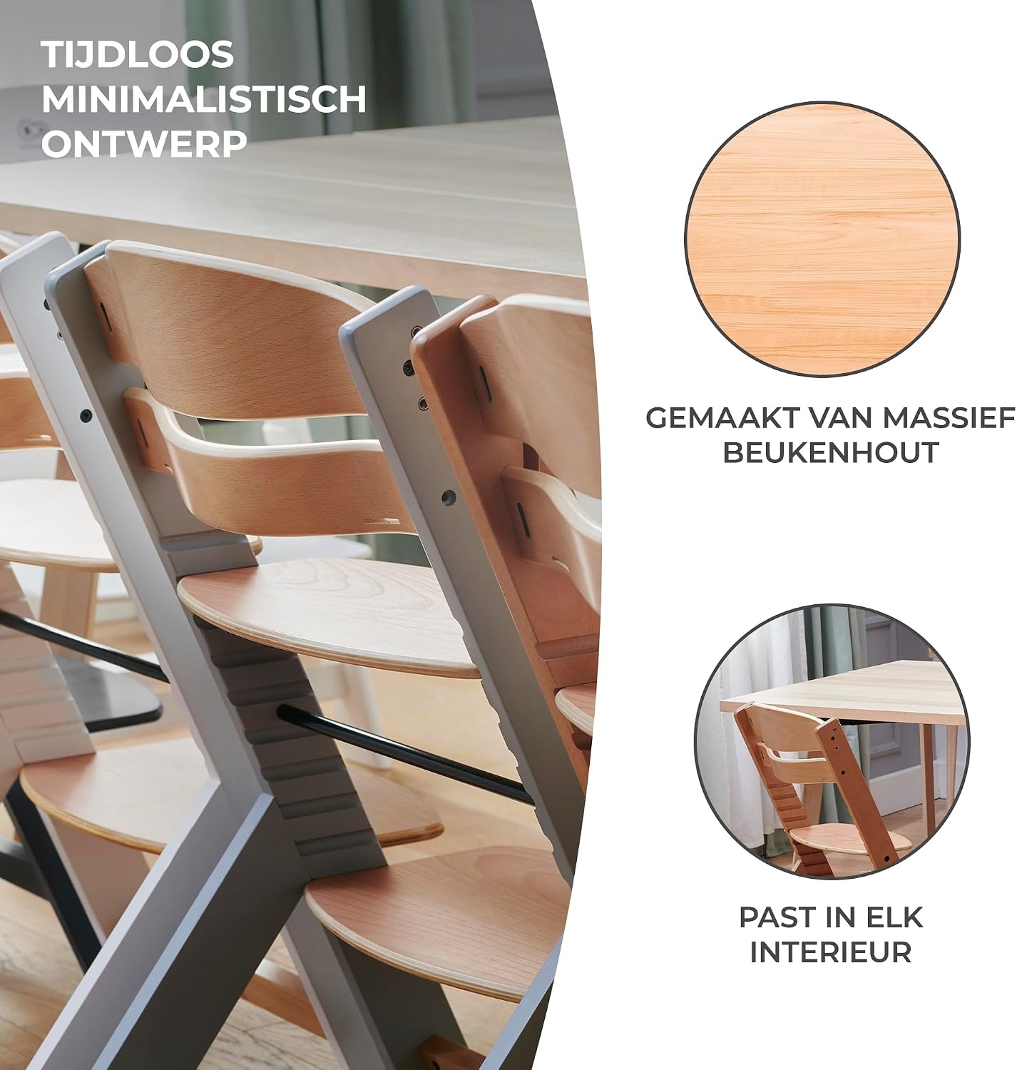 Kinderkraft Houten Kinderstoel 3-in-1 ENOCK, Hoge babystoel, hoogte verstelbaar in 5 niveaus, 3-punts gordels, tot 10 jaar, wit