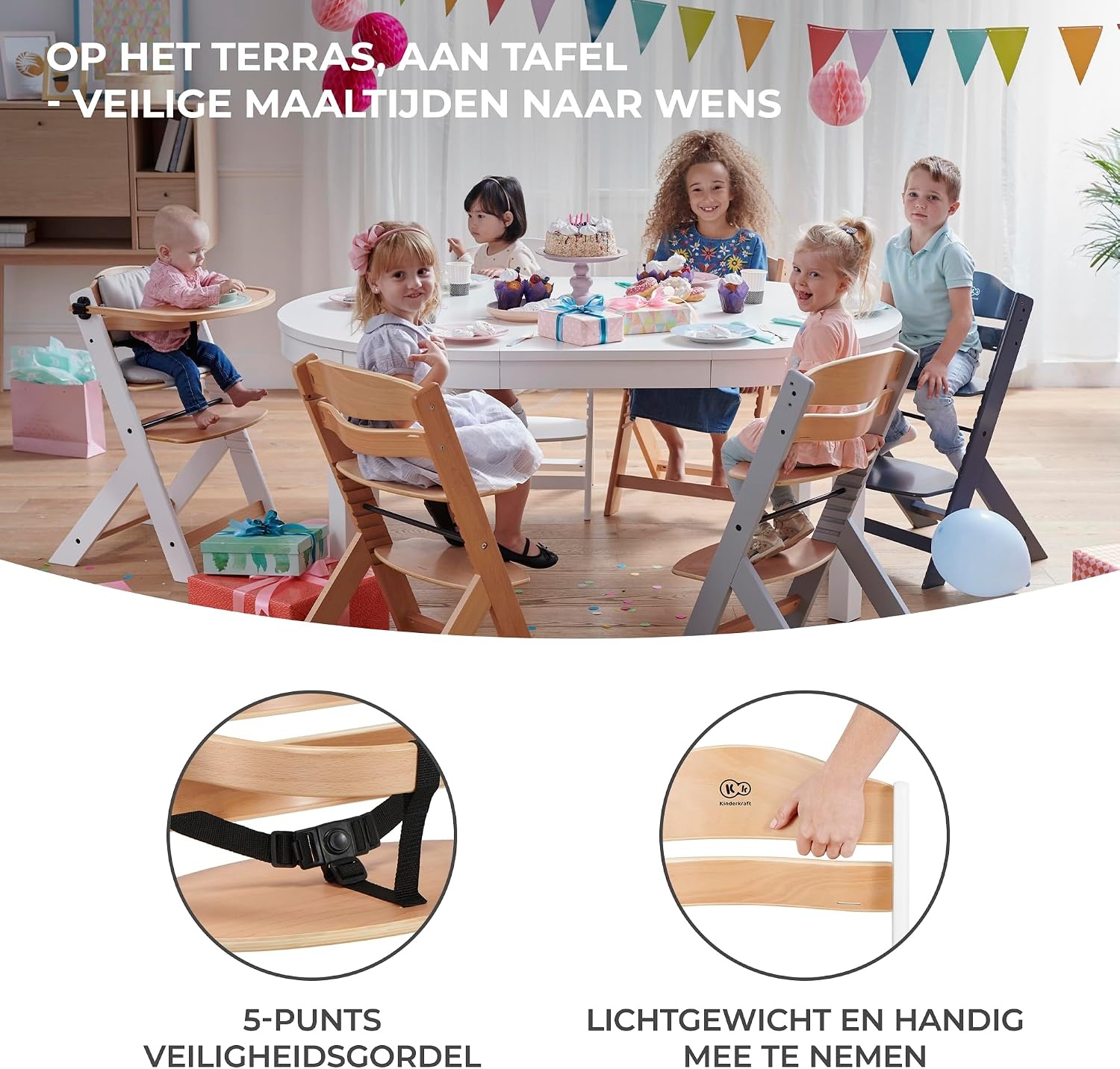 Kinderkraft Houten Kinderstoel 3-in-1 ENOCK, Hoge babystoel, hoogte verstelbaar in 5 niveaus, 3-punts gordels, tot 10 jaar, wit