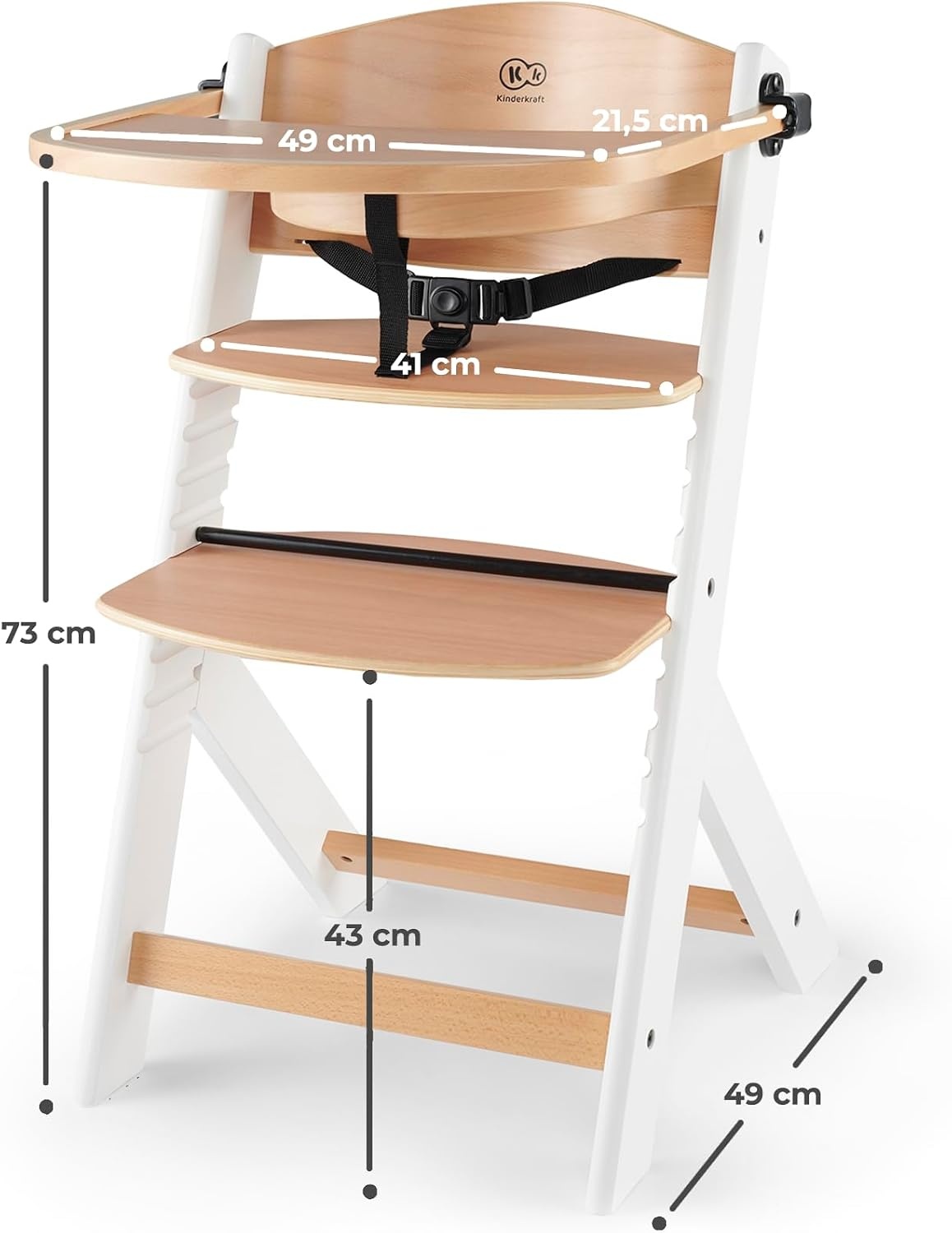 Kinderkraft Houten Kinderstoel 3-in-1 ENOCK, Hoge babystoel, hoogte verstelbaar in 5 niveaus, 3-punts gordels, tot 10 jaar, wit