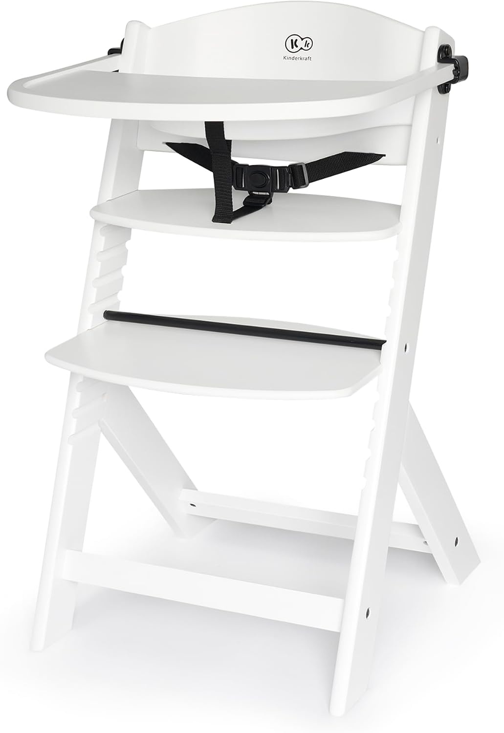 Kinderkraft Houten Kinderstoel 3-in-1 ENOCK, Hoge babystoel, hoogte verstelbaar in 5 niveaus, 3-punts gordels, tot 10 jaar, wit