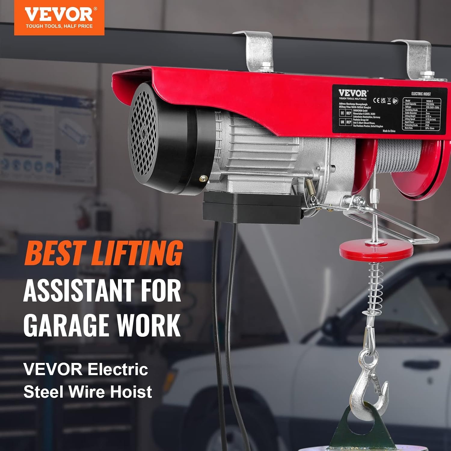 VEVOR Elektrische takel 250KG - 230V - 510W - 12m hefhoogte - 10m/min