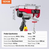 VEVOR Elektrische takel 250KG - 230V - 510W - 12m hefhoogte - 10m/min