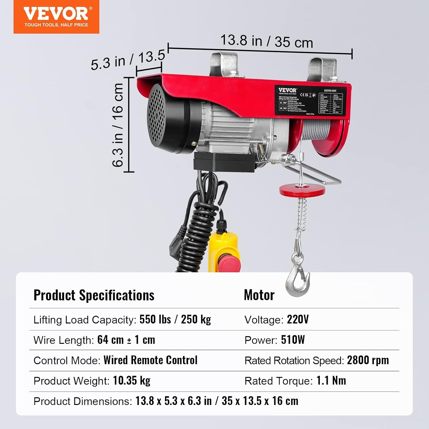 VEVOR Elektrische takel 250KG - 230V - 510W - 12m hefhoogte - 10m/min