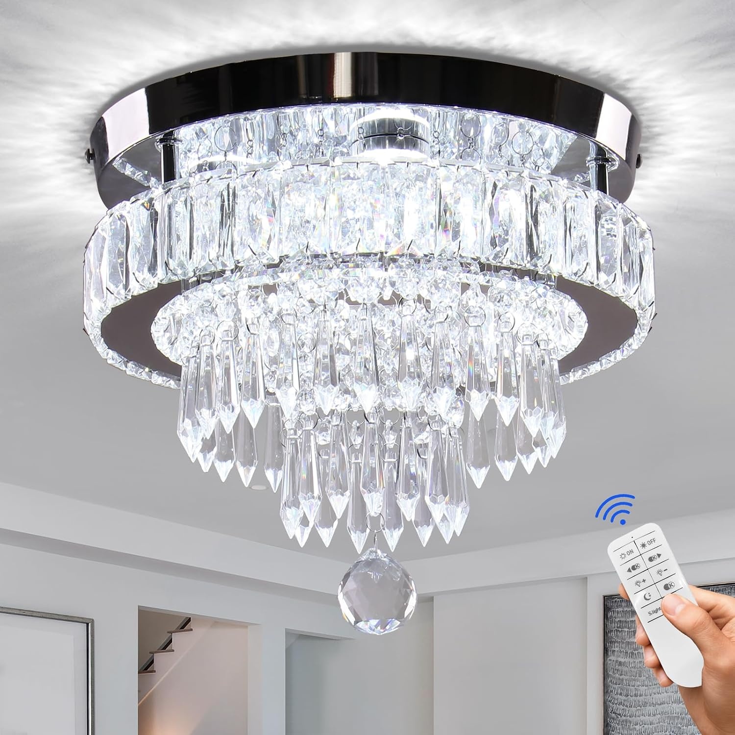 Finktonglan Led-kroonluchter, dimbaar, 30 cm, moderne kristallen kroonluchter met afstandsbediening, 3 lichtkleuren, verwisselbare kristallen plafondlamp voor slaapkamer, woonkamer, hal, hal