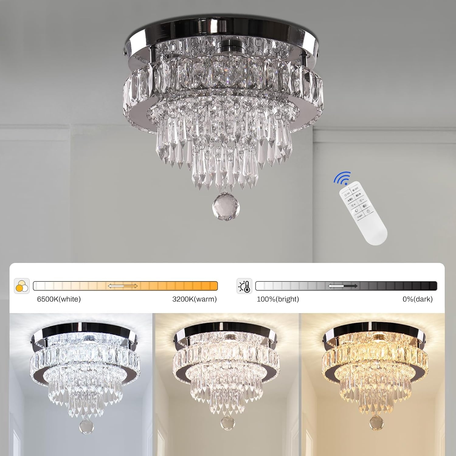 Finktonglan Led-kroonluchter, dimbaar, 30 cm, moderne kristallen kroonluchter met afstandsbediening, 3 lichtkleuren, verwisselbare kristallen plafondlamp voor slaapkamer, woonkamer, hal, hal