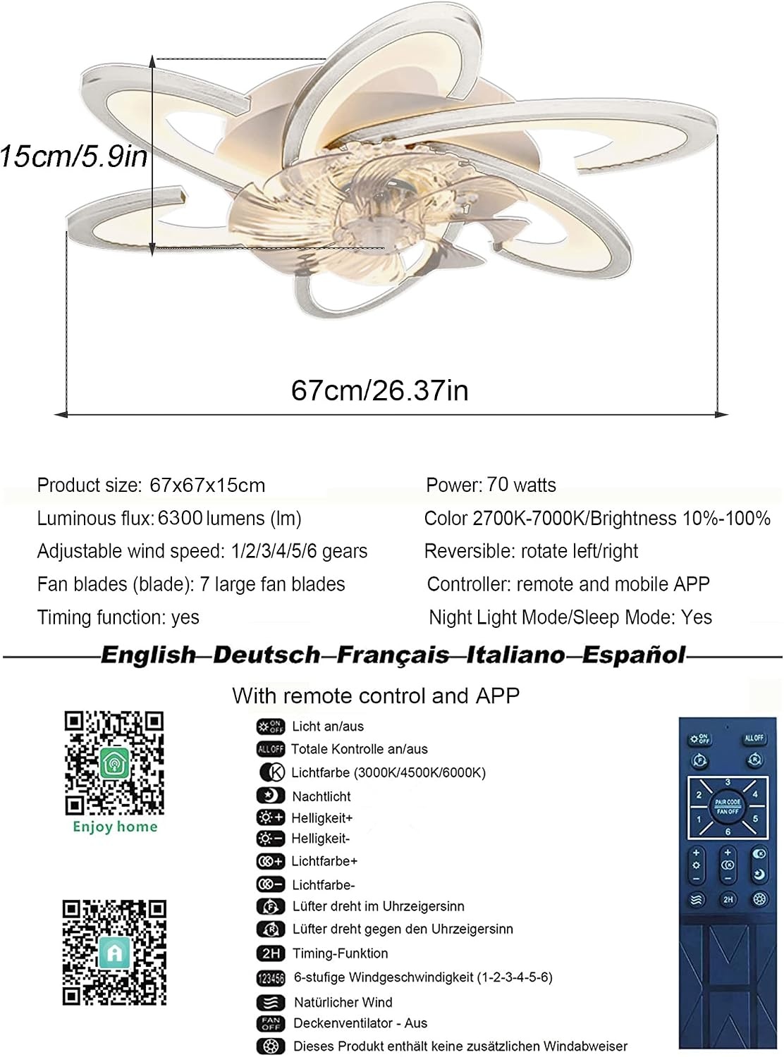 Plafondventilator Zwart 67cm met Dimbare LED & Kleurtemperatuur | 54% Korting