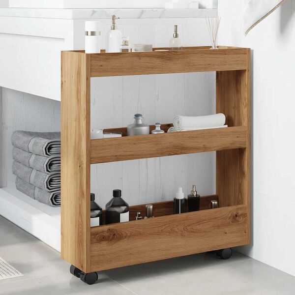 Opbergtrolley smal 3-laags bewerkt hout artisanaal eikenkleurig - 34% korting
