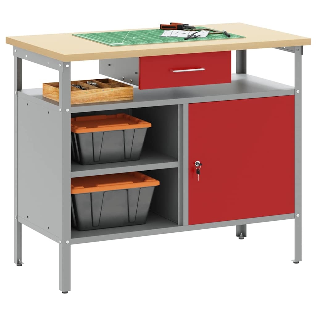 Werkbank met Lade en Plank - Rood/Grijs - 100x55x85cm - 55% Korting