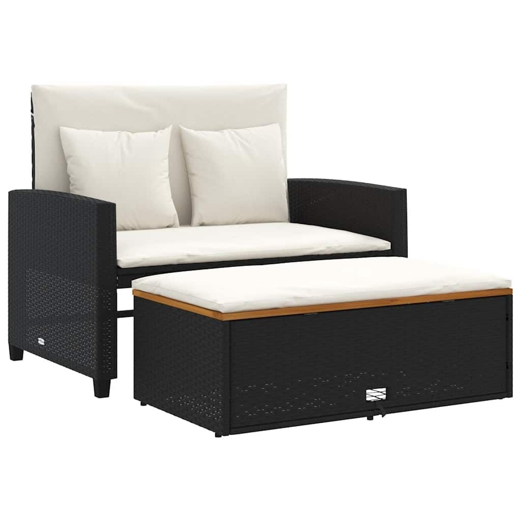 vidaXL Tuinbank 2-zits met kussens poly rattan en acaciahout zwart
