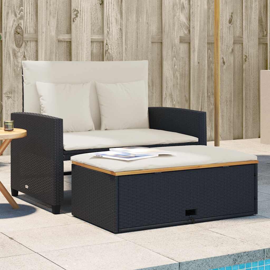 vidaXL Tuinbank 2-zits met kussens poly rattan en acaciahout zwart