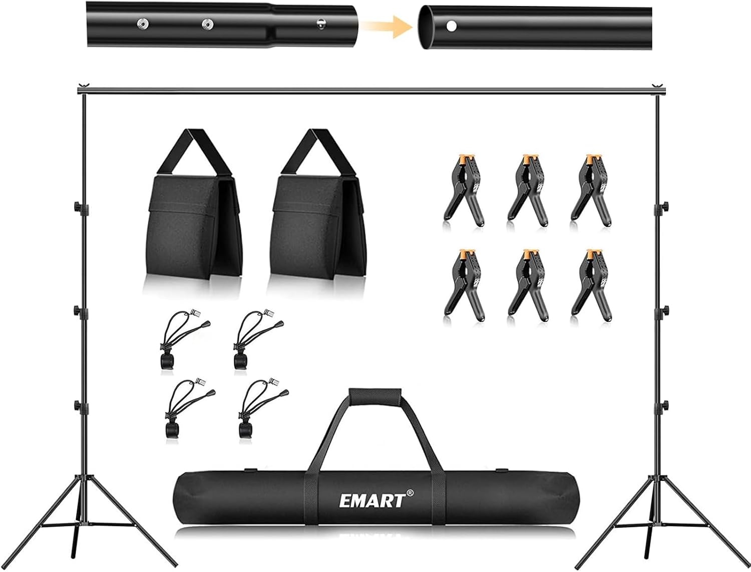 EMART Foto Achtergrondstandaard Fotostudio's, 2,6m x 3m Verstelbaar Achtergrondsysteem met 2 Zandzakken en Draagtas voor Fotografie Video Portret - Maat 2.6x3m Support de fond - Version standard