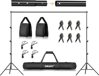 EMART Foto Achtergrondstandaard Fotostudio's, 2,6m x 3m Verstelbaar Achtergrondsysteem met 2 Zandzakken en Draagtas voor Fotografie Video Portret - Maat 2.6x3m Support de fond - Version standard