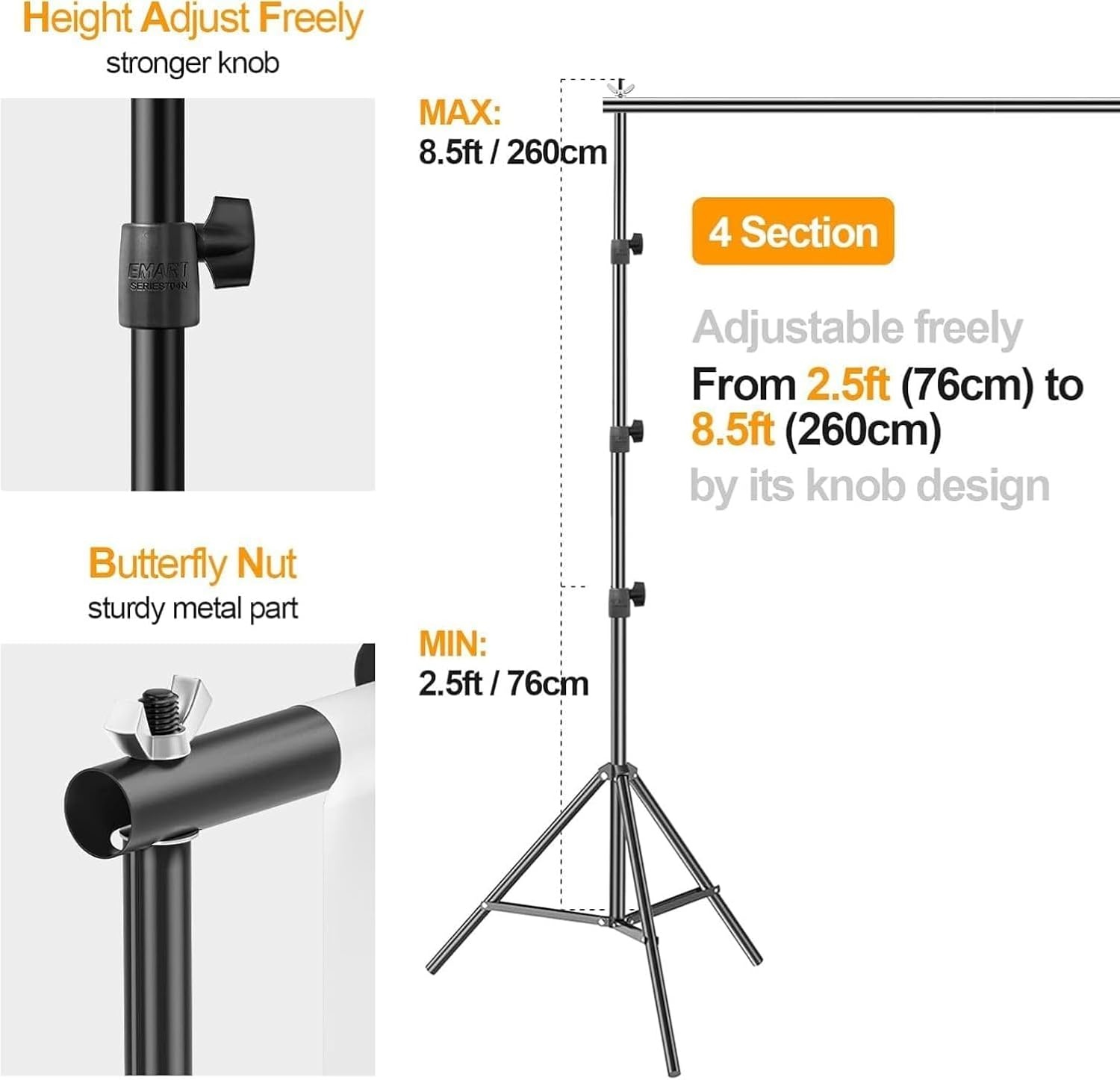 EMART Foto Achtergrondstandaard Fotostudio's, 2,6m x 3m Verstelbaar Achtergrondsysteem met 2 Zandzakken en Draagtas voor Fotografie Video Portret - Maat 2.6x3m Support de fond - Version standard
