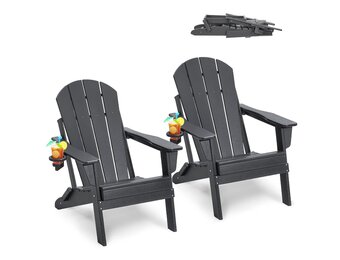 VEVOR Adirondack Stoelen van kunststof, set van 2 draagbare weerbestendige klapstoelen voor buiten, bekerhouder, ergonomische ontspanningsarmleuning, voor tuin en binnenplaats, grijs