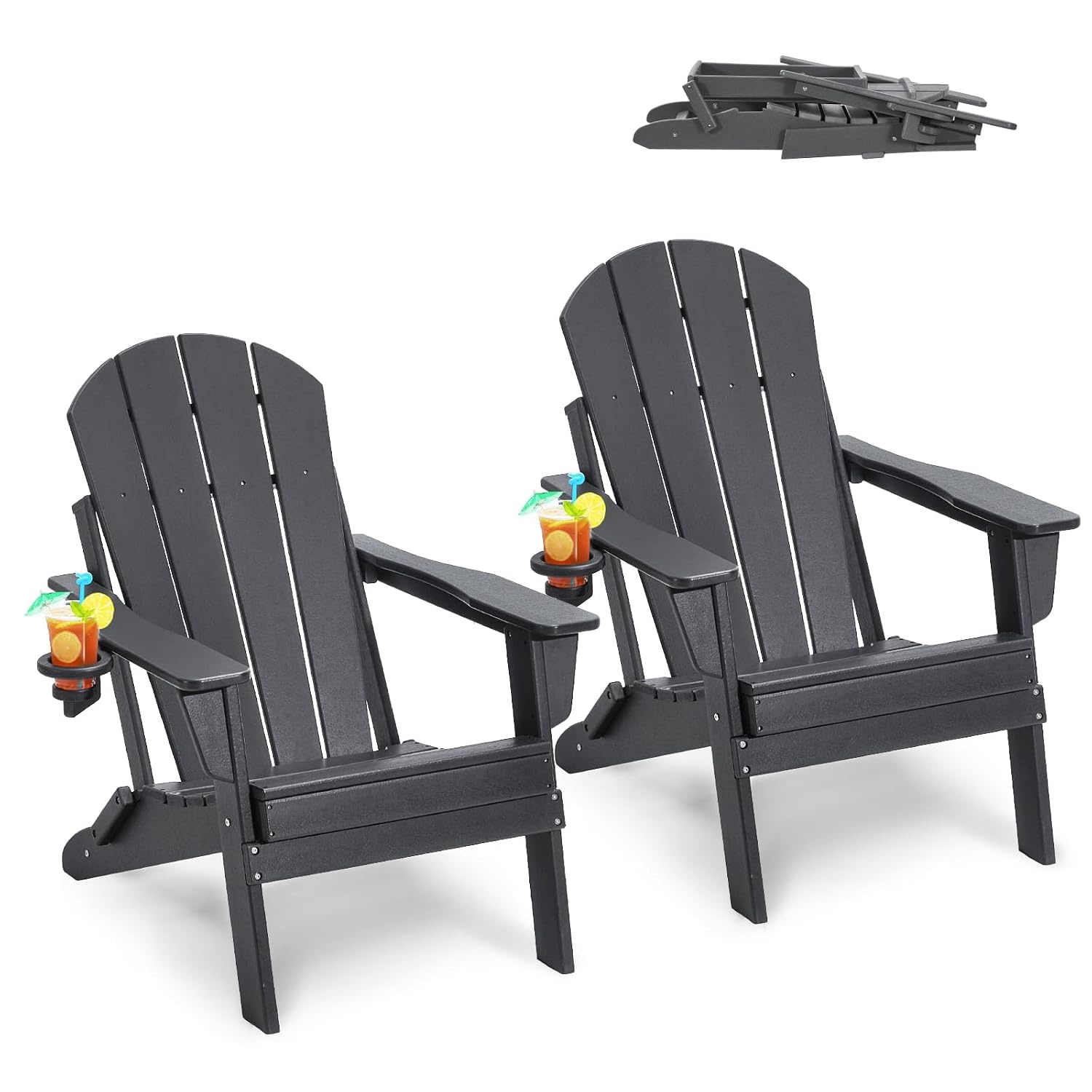 VEVOR Adirondack Stoelen van kunststof, set van 2 draagbare weerbestendige klapstoelen voor buiten, bekerhouder, ergonomische ontspanningsarmleuning, voor tuin en binnenplaats, grijs