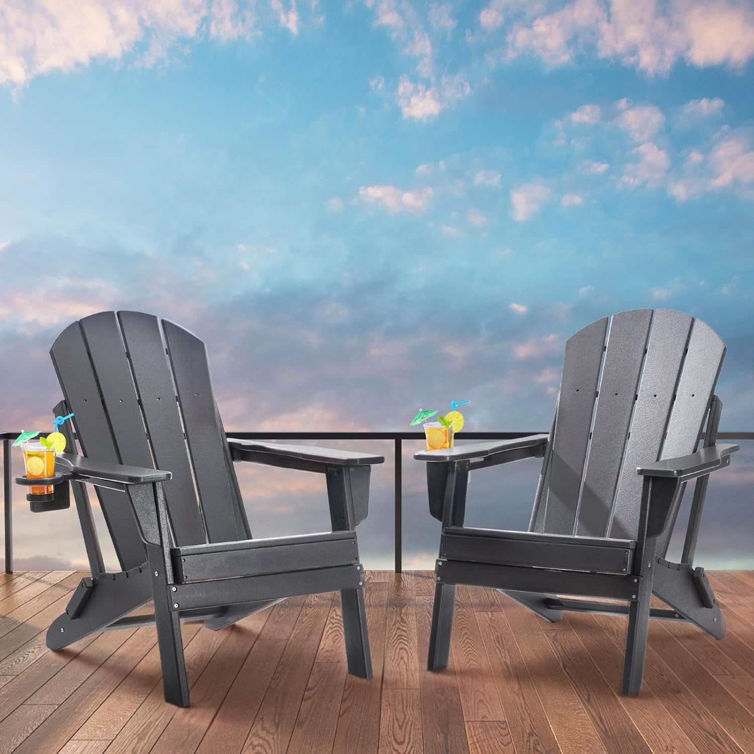 VEVOR Adirondack Stoelen van kunststof, set van 2 draagbare weerbestendige klapstoelen voor buiten, bekerhouder, ergonomische ontspanningsarmleuning, voor tuin en binnenplaats, grijs
