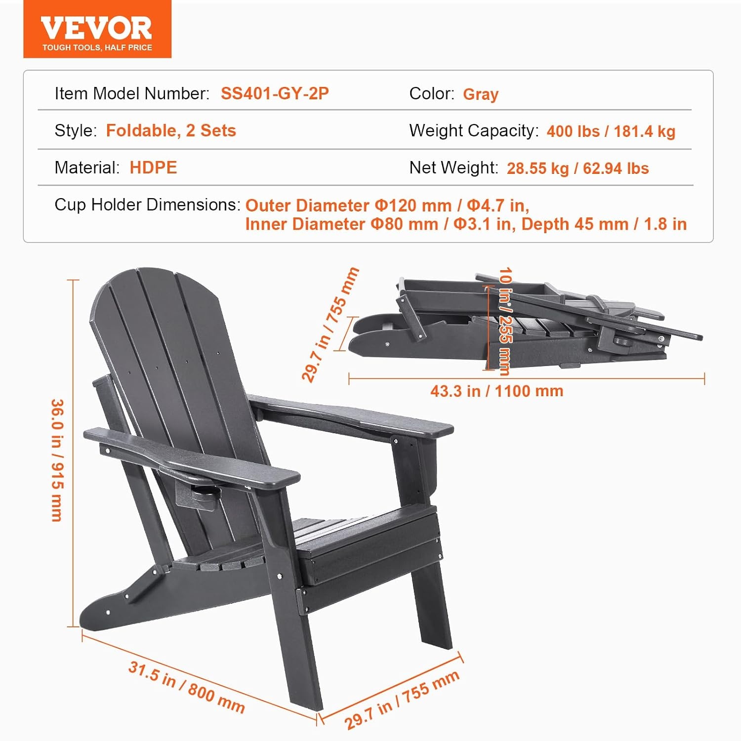 VEVOR Adirondack Stoelen van kunststof, set van 2 draagbare weerbestendige klapstoelen voor buiten, bekerhouder, ergonomische ontspanningsarmleuning, voor tuin en binnenplaats, grijs