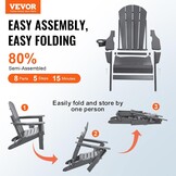 VEVOR Adirondack Stoelen van kunststof, set van 2 draagbare weerbestendige klapstoelen voor buiten, bekerhouder, ergonomische ontspanningsarmleuning, voor tuin en binnenplaats, grijs