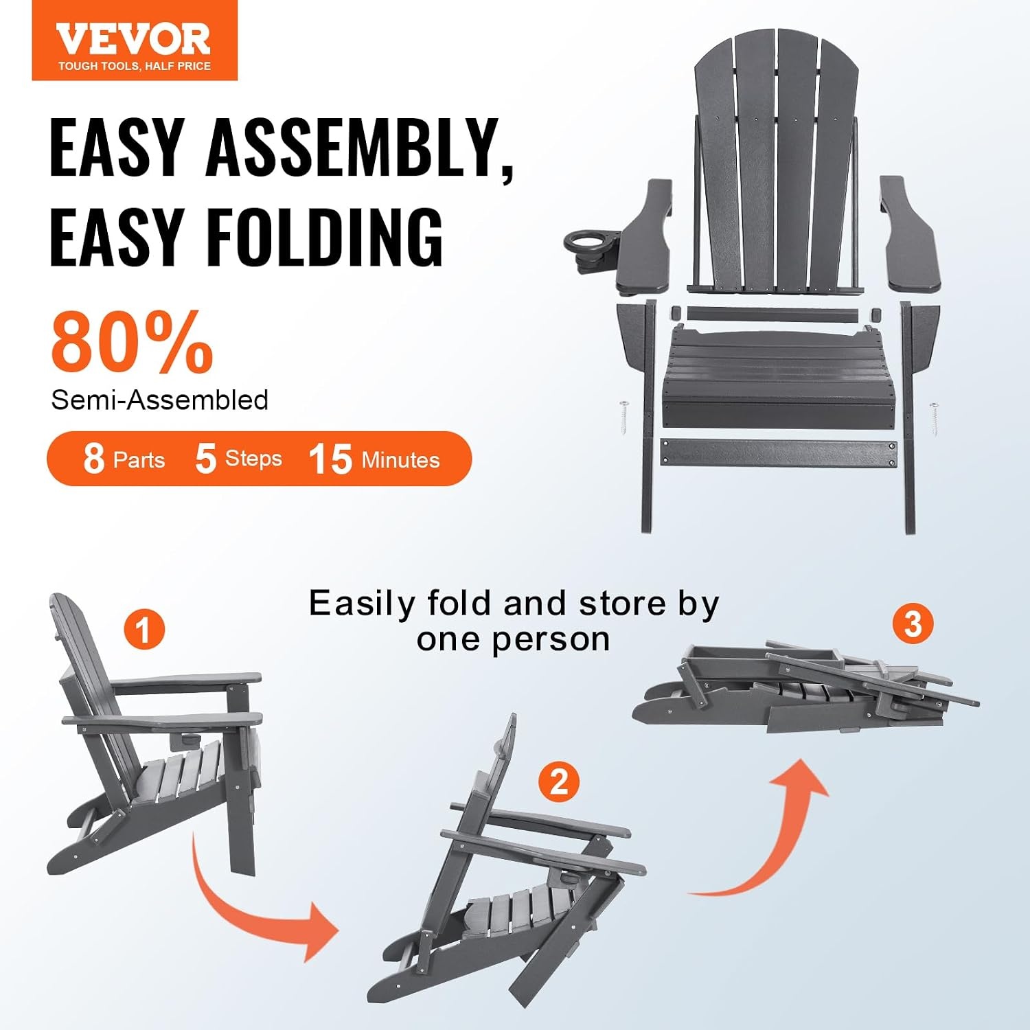 VEVOR Adirondack Stoelen van kunststof, set van 2 draagbare weerbestendige klapstoelen voor buiten, bekerhouder, ergonomische ontspanningsarmleuning, voor tuin en binnenplaats, grijs