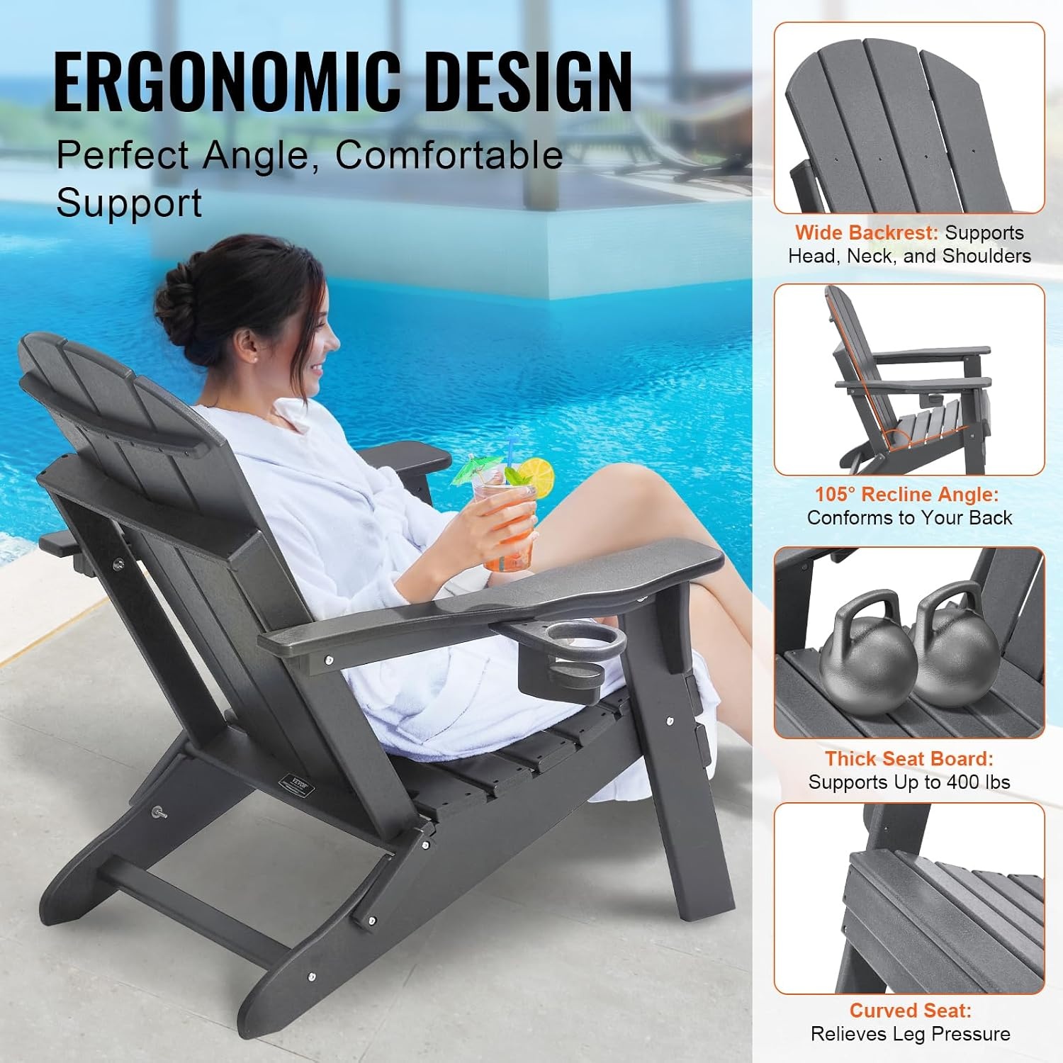 VEVOR Adirondack Stoelen van kunststof, set van 2 draagbare weerbestendige klapstoelen voor buiten, bekerhouder, ergonomische ontspanningsarmleuning, voor tuin en binnenplaats, grijs