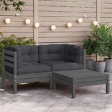 vidaXL 3-delige Loungeset met kussens massief grenenhout grijs