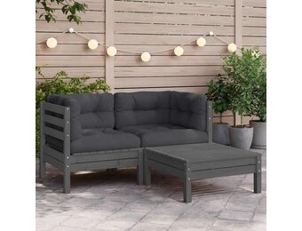 vidaXL 3-delige Loungeset met kussens massief grenenhout grijs