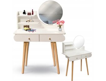 Kaptafel met Ronde Spiegel en 2 Lades - Wit - 34% Korting