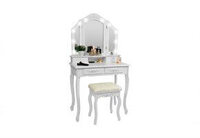 Kaptafel met LED Spiegel en Krukje - Wit - 75x40x140 cm - 35% Korting