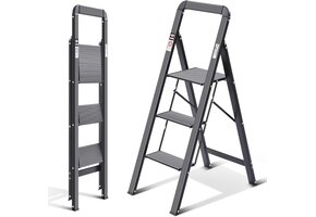 Opvouwbare Trapladder 3 Treden met Leuning - Zwart - 34% Korting