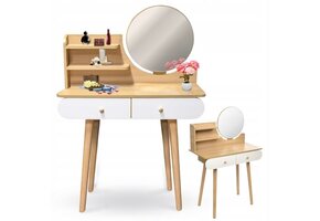 Houten Kaptafel met Ronde Spiegel - 2 Lades - Wit/Houtkleur - 34% Korting