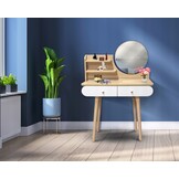 Houten Kaptafel met Ronde Spiegel - 2 Lades - Wit/Houtkleur - 34% Korting