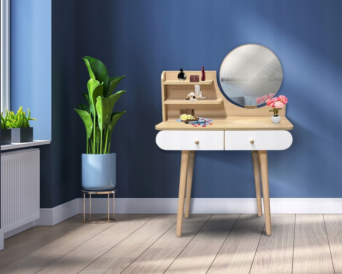Houten Kaptafel met Ronde Spiegel - 2 Lades - Wit/Houtkleur - 34% Korting