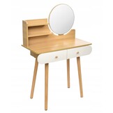 Houten Kaptafel met Ronde Spiegel - 2 Lades - Wit/Houtkleur - 34% Korting