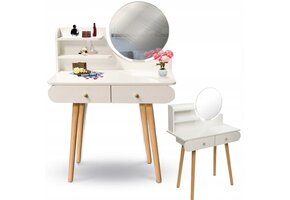 Kaptafel Wit Hout met Spiegel en 2 Lades - 34% Korting