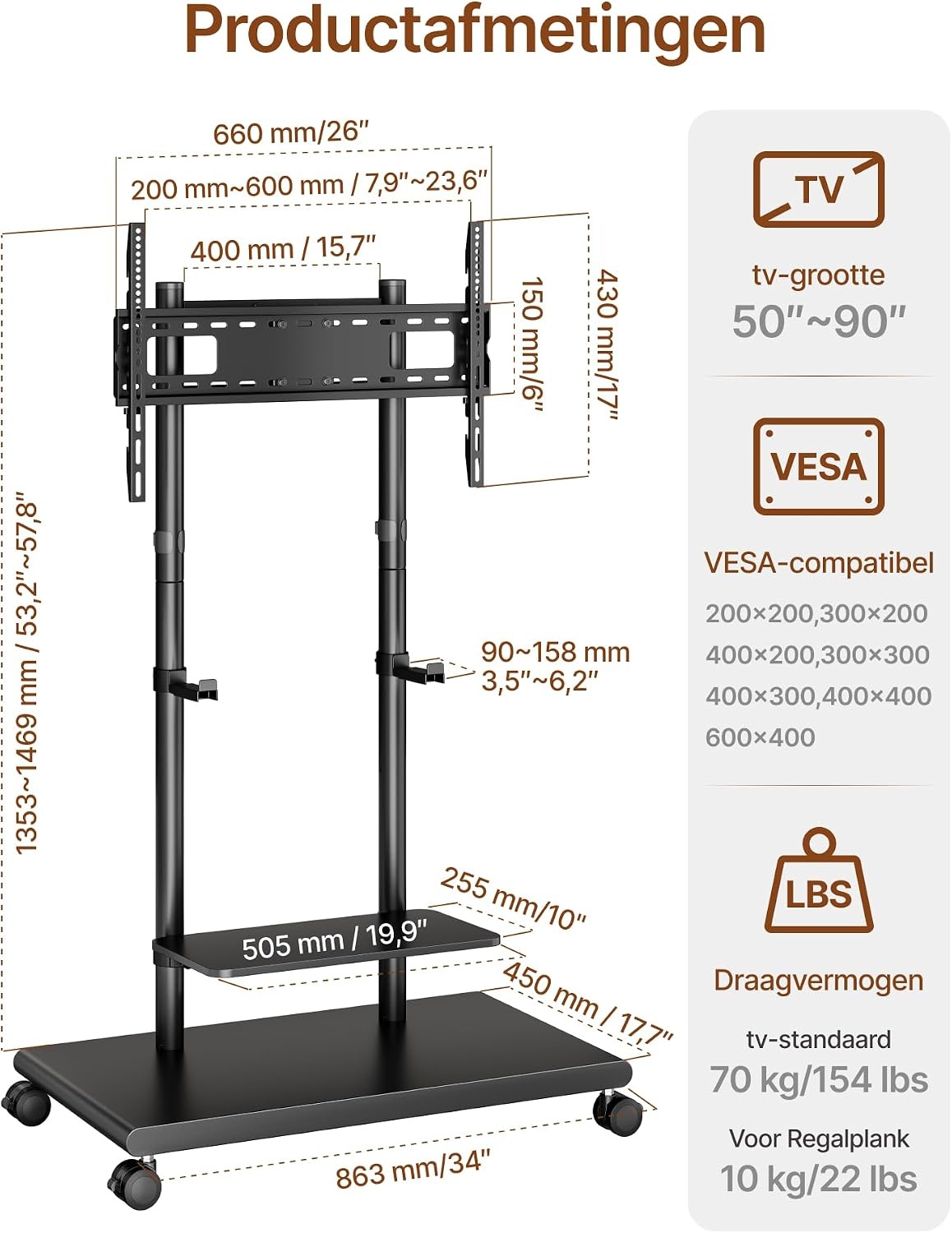 Mobiele TV Standaard 50-90 inch met Geluidsbalk Beugel & Plank - 35% Korting