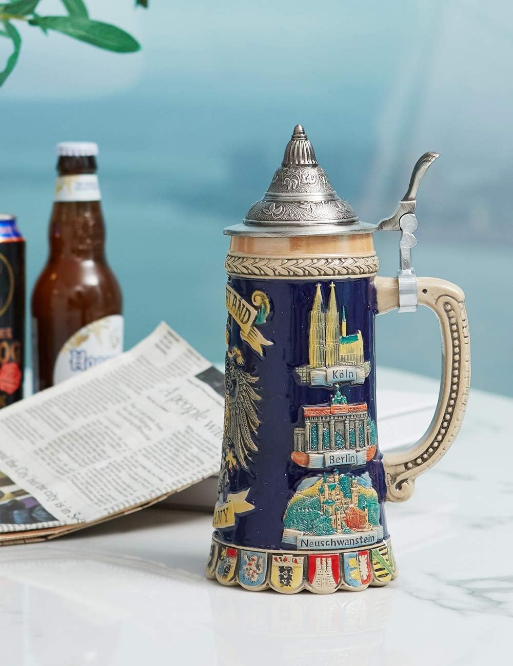 Bierpul 0.6L Keramiek met Tinnen Deksel, Duitse Adelaar Relief - 34% Korting