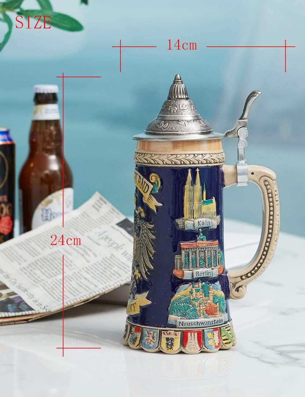 Bierpul 0.6L Keramiek met Tinnen Deksel, Duitse Adelaar Relief - 34% Korting