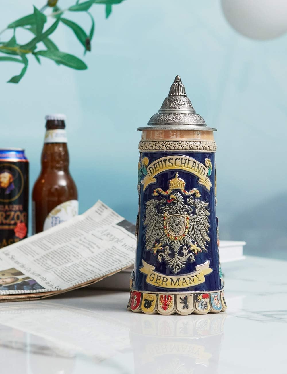 Bierpul 0.6L Keramiek met Tinnen Deksel, Duitse Adelaar Relief - 34% Korting