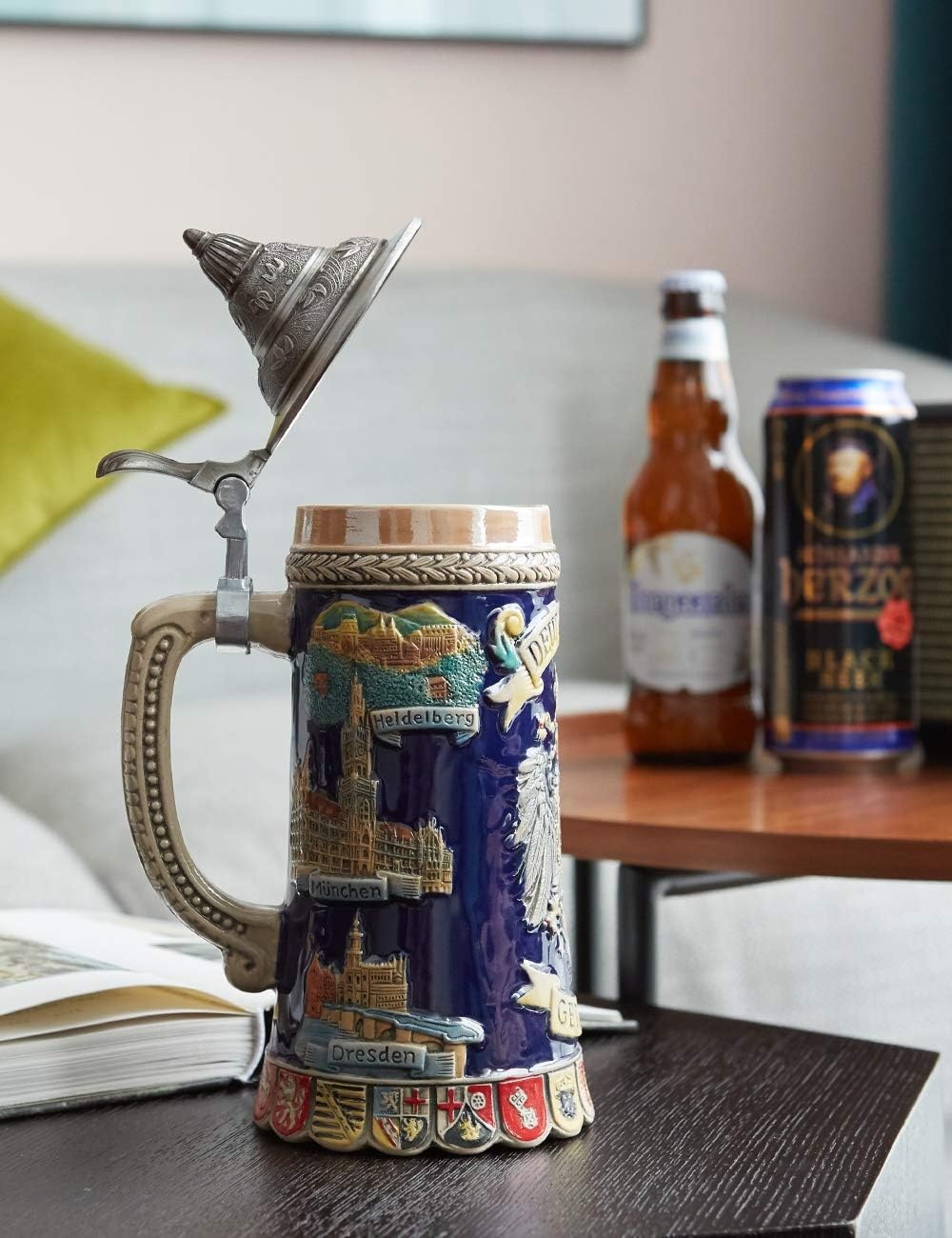 Bierpul 0.6L Keramiek met Tinnen Deksel, Duitse Adelaar Relief - 34% Korting