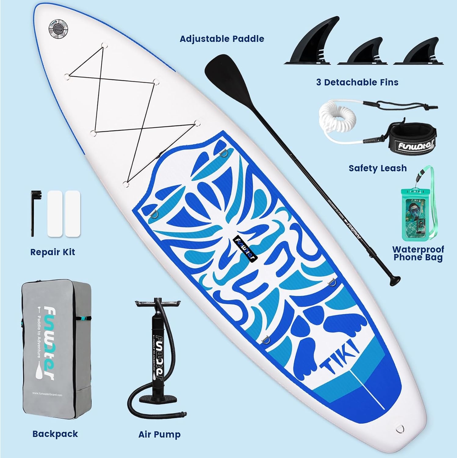 Opblaasbaar Stand-Up Paddleboard (SUP Board) voor alle niveaus, beginners & families | 10'6"-11'6" | Antislip EVA-deck | Inclusief vinnen, beenlijn, p